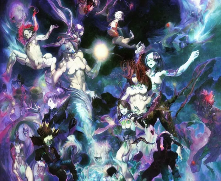 Prompt: psychedelic demonic space babies, by shigenori soejima, by frank frazetta, digital painting masterpiece, beautiful brush strokes, advanced lighting technology, symmetry!!!