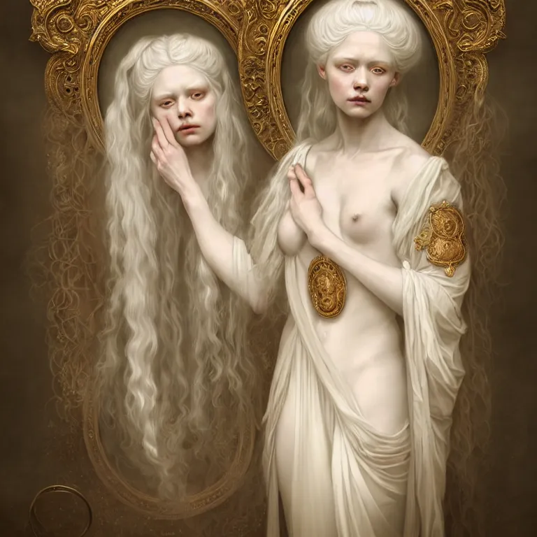 Image similar to renaissance style a wonderful woman albino goddess with a wonderful face and long intricate hair with a beautiful porcelain symmetrical body dressed with a majestic warp ornate semi transparent cream long cotton dress, hightly ornate, intricate, detailed, dramatic light, award winning, octane render, tom bagshaw style
