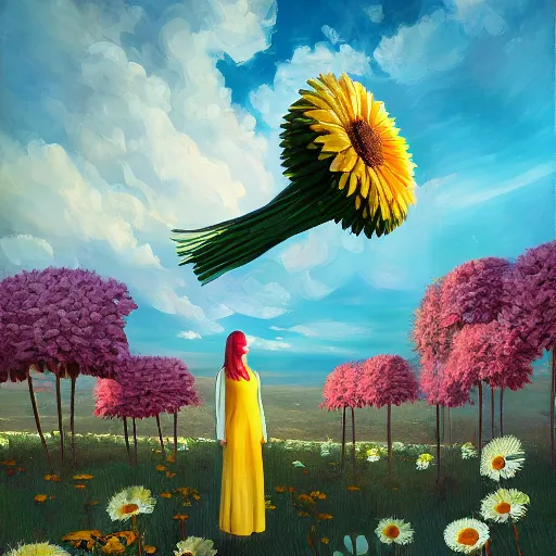 Prompt: giant daisy flower as a head, woman in suit, standing next to a modern window in luxury loft, surreal photography, sunlight, impressionist painting, digital painting, artstation, simon stalenhag