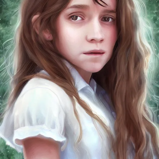 Prompt: Hermione Granger as a young girl in white dress art drawn in art style of WLOP full HD 4K highest quality realistic beautiful gorgeous natural WLOP artist painting