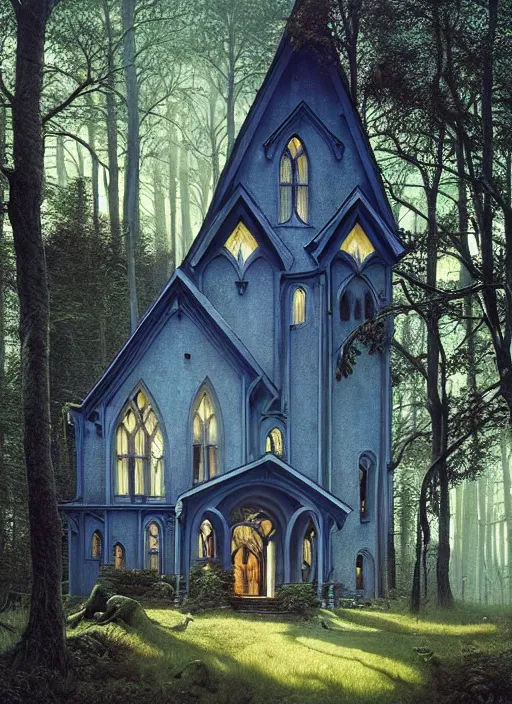 Image similar to hyper realistic witchy modern gothic house with mood lighting and tech in the woods gorgeous lighting, sunbeams blue sky, highly detailed, lush forest foliage painting by zdzisław beksinski and norman rockwell and greg rutkowski weta studio, and lucasfilm