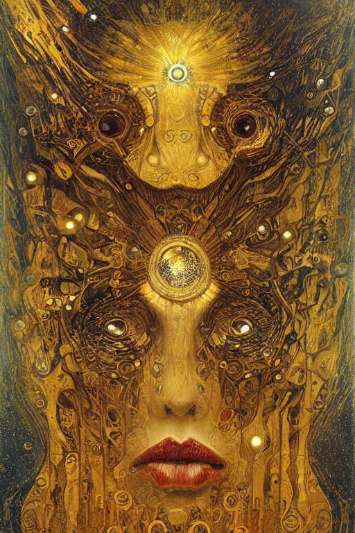 Prompt: Machinery of Fate by Karol Bak, Jean Deville, Gustav Klimt, and Vincent Van Gogh, enigma, otherworldly, fractal structures, arcane, ornate gilded medieval icon, third eye, spirals