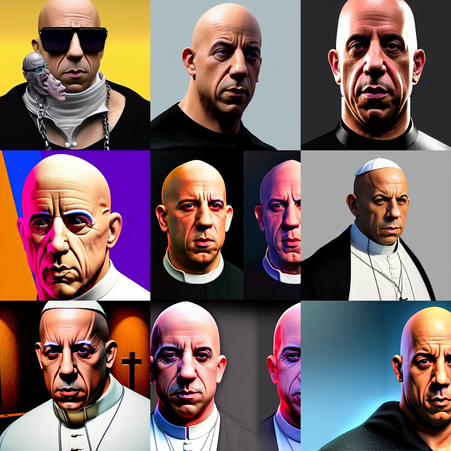 Prompt: a photorealistic 3 d render of vin diesel poorly disguised as the pope in the style of junji ito and lisa frank on beeple and escher, detailed, cinematic, studio lighting, magic realism, artstationhq, unreal engine 5, volumetric fog, volumetric light