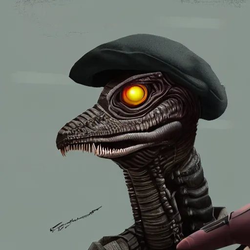 Image similar to a detailed matte painting of a cyborg velociraptor wearing a beret, in nazi occupied france, french resistance, 8 k, artstation, art in a noir crime novel style