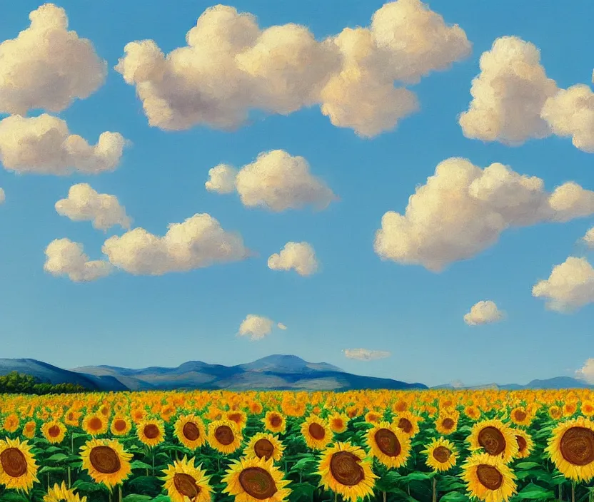 Prompt: a very detailed painting of a sunflower field, baby blue sky with very aesthetic stylized clouds, there is an ad billboard on the field, there are blue mountains in the back, in the style of edward hopper and hugo pondz, very fine brushstrokes, 4 k,