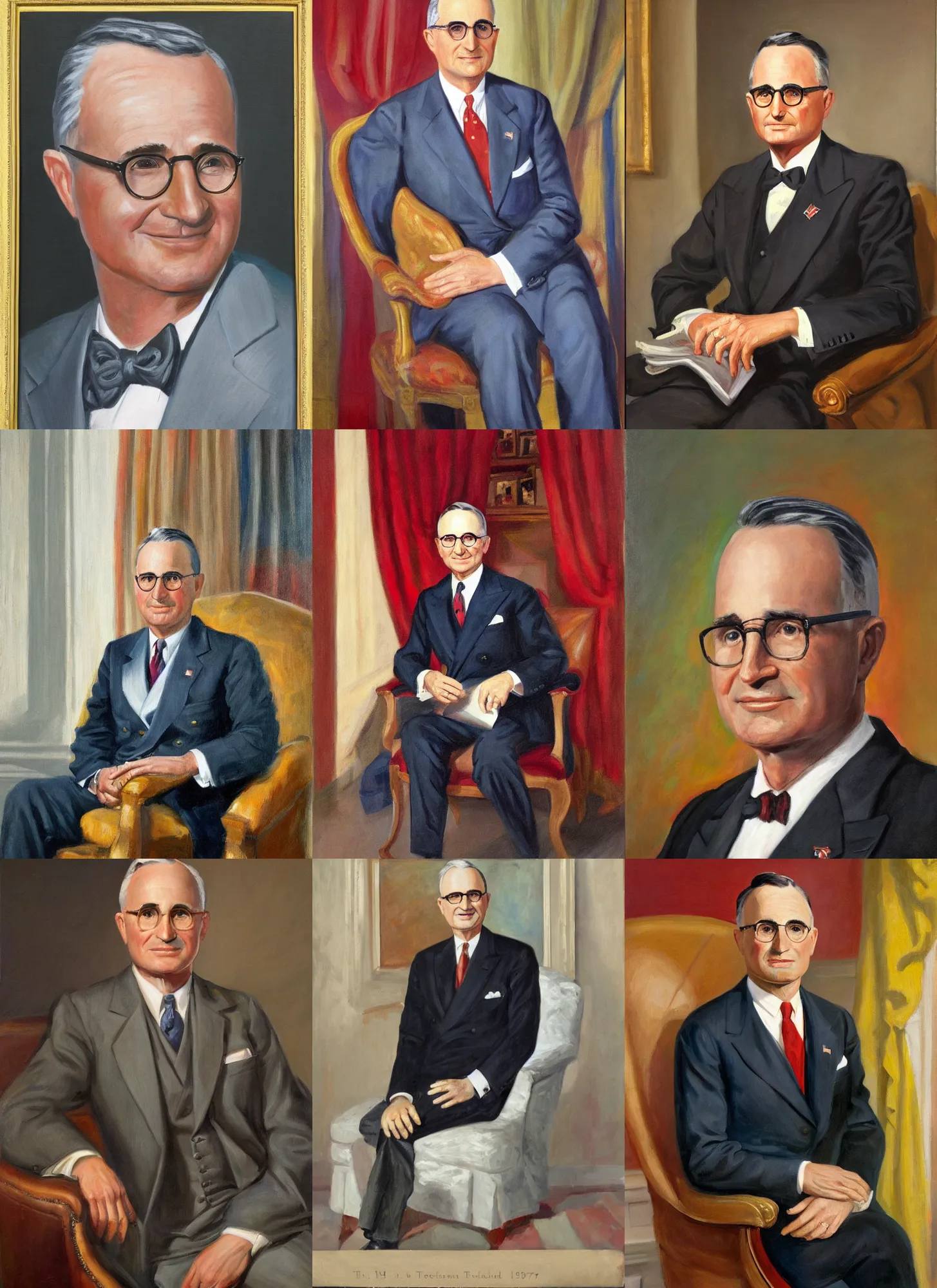 Prompt: Official Portrait of Harry S. Truman, 33rd President of the United States, Painting by Martha Greta Kempton in 1947. Oil on canvas. White House Collection/White House Historical Association. Trending on Artstation