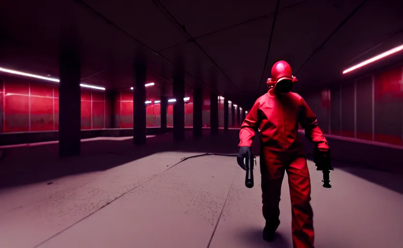 Prompt: in-game screenshot of a dark red hazmat scientist holding a gun walking on unreal engine 5, in a liminal underground garden, photorealistic, retrofuturism, brutalism, staggered terraces, minimalist