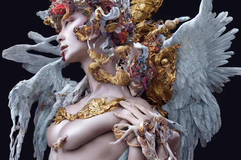 Prompt: Cinestill of A heartbreaking realistic 8k Bernini Sculpture of a stunning intricate cracked multicolored milky cosmic marble Evangelion Fallen Angel Devil Queen adorned in sentient mycelium mystical jewelry and ancient Empress crown and misty xparticles. by Yoshitaka Amano, Daytoner, Greg Tocchini, Scattered golden flakes, Hyperrealism. Subsurface scattering. Octane Render. Weirdcore