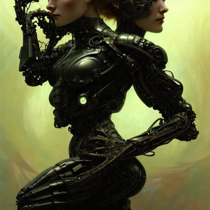 Image similar to organic cyborg, black plastic, diffuse lighting, fantasy, intricate, elegant, highly detailed, lifelike, photorealistic, digital painting, artstation, illustration, concept art, smooth, sharp focus, art by john collier and albert aublet and krenz cushart and artem demura and alphonse mucha