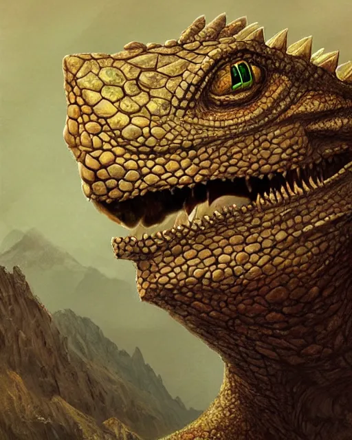 Prompt: ''face portrait of a rugged lizard, fantasy, mountain landscape, d & d, digital painting, artstation, deviantart, concept art, illustration, art by dragolisco and anne stokes and nico niemi''