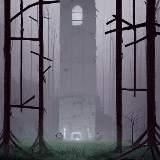 Image similar to monumental old ruins, church, tower of a dark misty forest, overcast, sci - fi digital painting by simon stalenhag