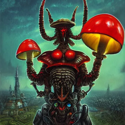 Image similar to 4 k headshot portrait of a psychedelic demonic anthropomorphic insect knight with mushroom themed clothes, magic mushroom village in background by jeff easley, award winning, stylized neon, post - processing, masterpiece, superb resolution. in the art style of junji ito and greg rutkowski. detailed mushroom city in background. hyper realistic anime. perfect art. dalle 2