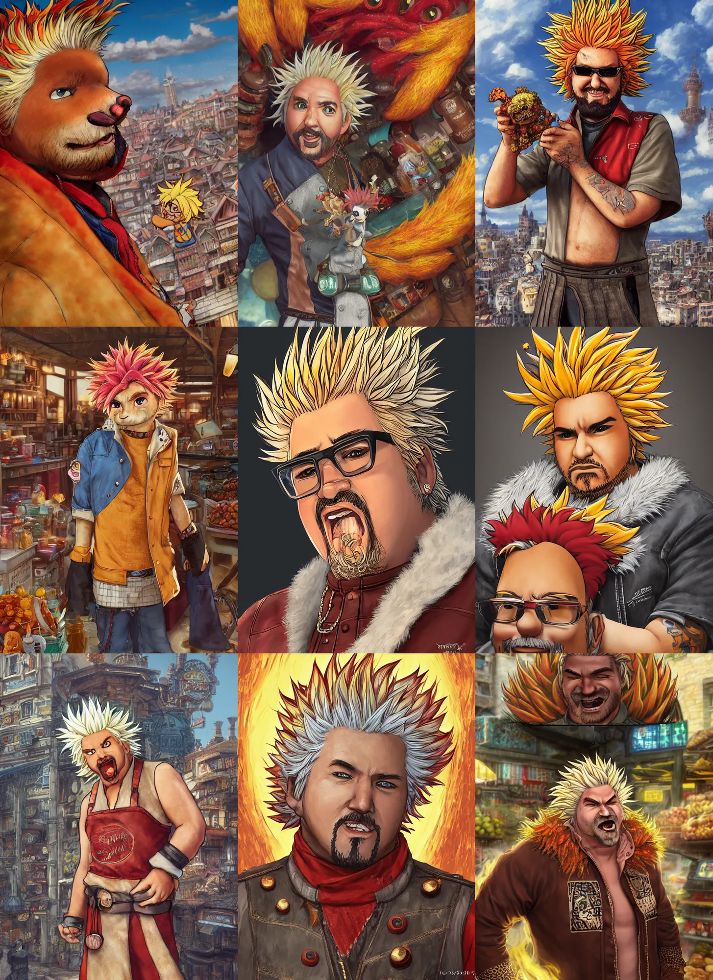 Prompt: fursona, character portrait of guy fieri with gorgeous detailed eyes in the marketplace in the sky, color page, tankoban, 4 k, tone mapping, doll, akihiko yoshida, james jean andrei riabovitchev marc simonetti, yoshitaka amano, long hair, curly, greater guy fieri, h. hydrochaeris