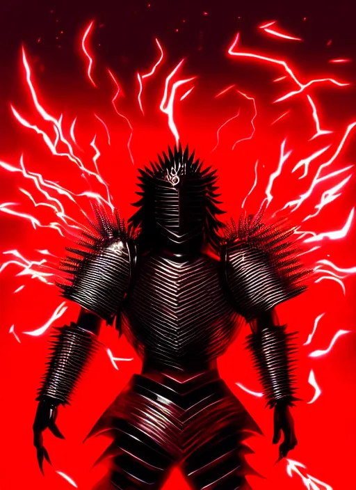 Prompt: a striking cinematic full body manga portrait of a long black haired teenager wearing imposing red jagged spiked plate armour and glowing with red energy by hirohiko araki and beeple, fine details, digital art, character concept art, volumetric lighting, cinematic light, photorealistic