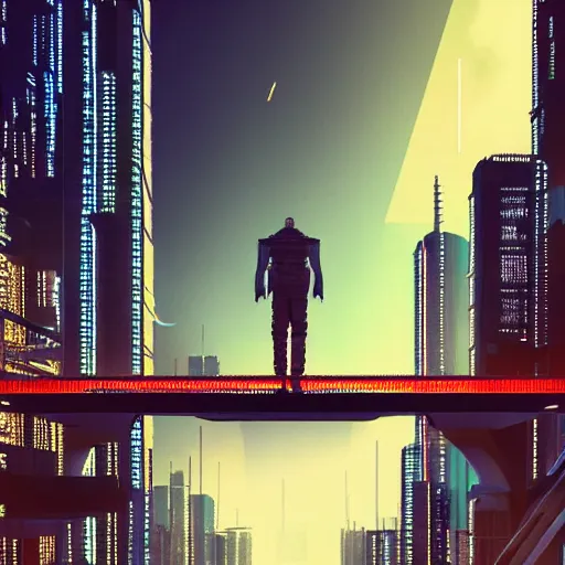 Prompt: a man standing on top of a bridge over a city, cyberpunk art by vincent lefevre, behance contest winner, altermodern, cityscape, synthwave, matte painting