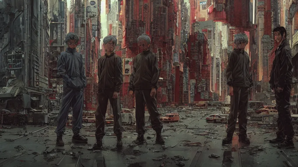 Image similar to realistic aesthetic highly detailed photography of characters in akira scene, characters with hyperrealistic highly detailed faces. from akira by katsuhiro otomo and alejandro hodorovski and denis villeneuve and gregory crewdson style with many details by mike winkelmann and vincent di fate in sci - fi style. volumetric natural light hyperrealism photo on dsmc 3 system