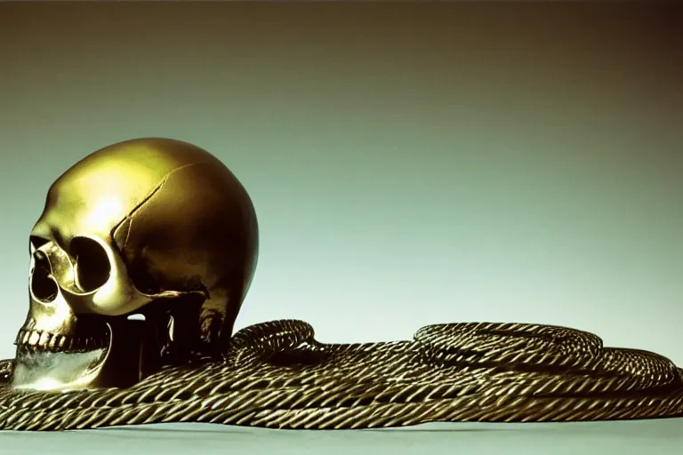 Image similar to large metallic skull sitting atop a pile of thick coiled power cable, stoic and calm, inside of an unlit 1970s science lab, full color ektachrome photograph, volumetric lighting, f8 aperture, cinematic Eastman 5384 film