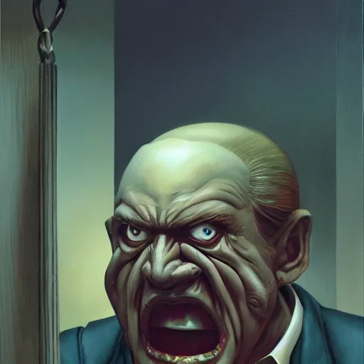 Prompt: closeup face, big eyes, angry old man in chair inside a dark house, surrealism, painting by boris vallejo and michael whelan