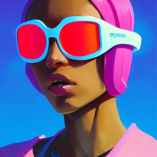 Image similar to beautiful woman wearing opaque reflective goggles profile picture by greg rutkowski, dynamic pose, brown skin, long locs hair, asymmetrical, futuristic, pastel neon colors, streetwear, studio ghibli, organic painting, matte painting, geometric shapes, hard edges, street art, trending on artstation, fantasy lut, realistic by sachin teng,