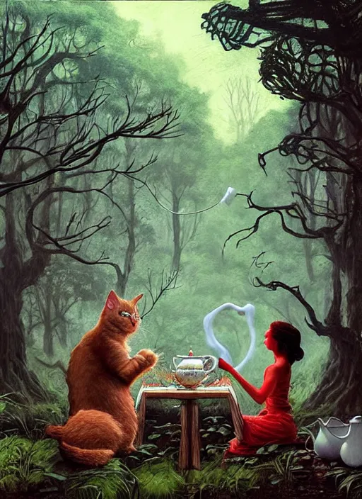 Image similar to cat having tea with a sorceress at a shrine in the woods by a stream, river gorgeous lighting, lush forest foliage blue sky a hyper realistic painting by chiara bautista and beksinski and norman rockwell and greg rutkowski weta studio, and lucasfilm