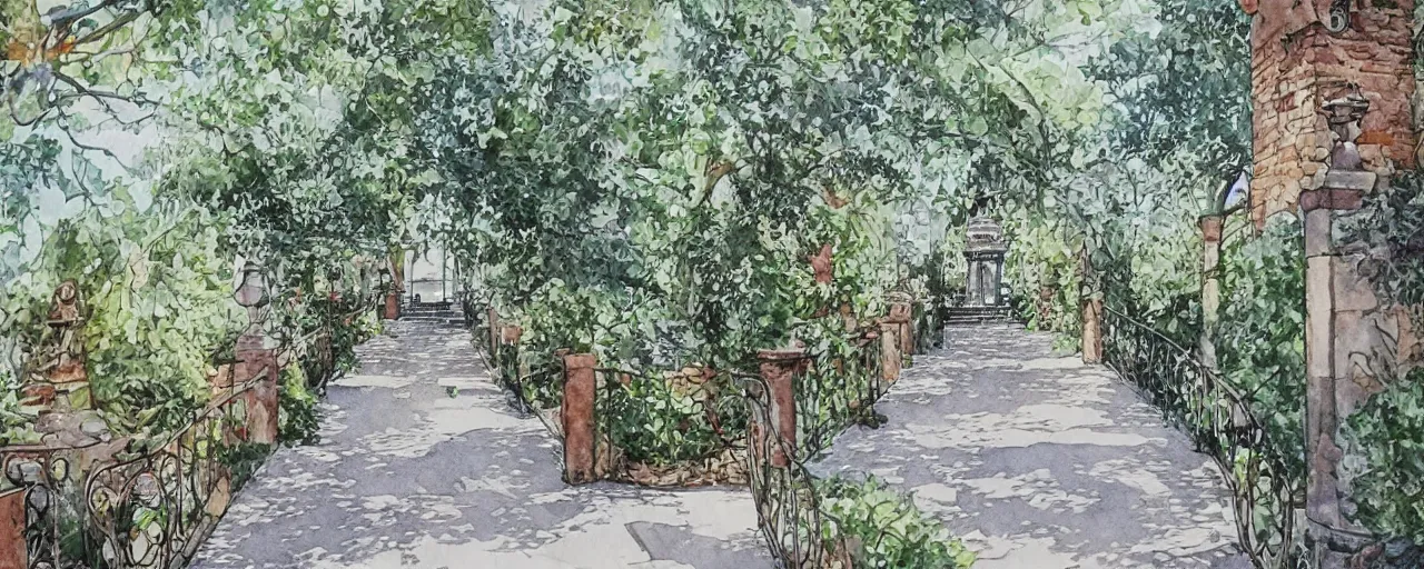 Prompt: isomeric view, stairway, chairs, wrought iron gates, tree, delicate water in a botanic garden, garden road, temple in a botanical herbarium paper, watercolor colored painting, iridescent colors, realistic shaded, fine details, artstation, italian style, colonnade, huge flowers, architecture