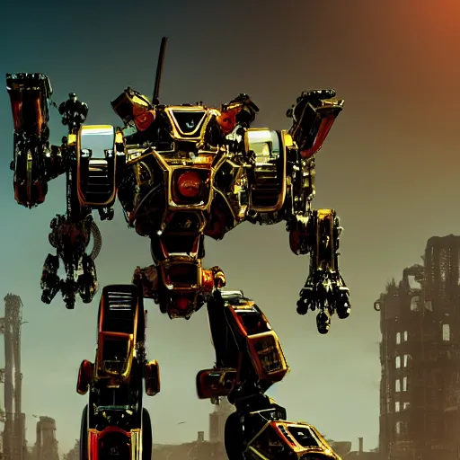 Image similar to a shiny ornate boxing humanoid mecha in ruin city, victory, punk style, by war robots, real steel ( 2 0 1 1 ), westworld and eve venture and pacific rim and machine warrior 5, cryengine, frostbite 3 engine, scarlet and yellow scheme, sharp focus, 8 k, high definition, insanely detailed, soft lighting, smooth face