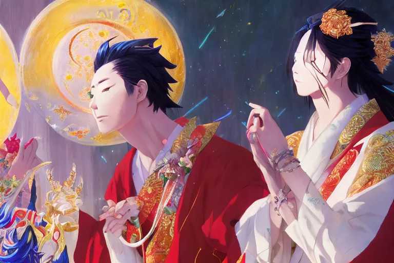 Image similar to close up moment of a divine a japan sun god and a moon goddess lovers magician at a wedding banquet, highly detailed, genshin, fantasy, 4 k realistic, digital painting, trending on artstation, concept art, sharp focus, illustration, art by makoto shinkai and akihiko yoshida and daniel gerhartz