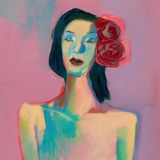 Prompt: romantic painted portrait of a modern woman. has a bit of cyan and pink. masterpiece