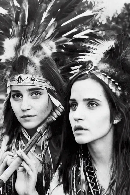 Image similar to photo of two native american indian woman's : emma watson and angelina jolie smoking a pipe of peace, portrait, skilled warrior of the apache, ancient, realistic, detailed