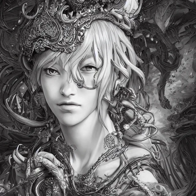 Image similar to the portrait of chaotic good female druid alchemist as absurdly beautiful, gorgeous, elegant, young gravure idol, an ultrafine hyperdetailed illustration by kim jung gi, irakli nadar, intricate linework, sharp focus, bright colors, octopath traveler, final fantasy, unreal engine 5 highly rendered, global illumination, radiant light, detailed and intricate environment