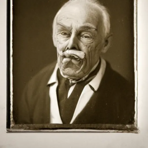 Image similar to a portrait photo of a old man with a pickle nose