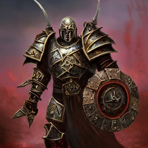 Prompt: a chaos warrior in heavy armor from warhammer, artstation hall of fame gallery, editors choice, # 1 digital painting of all time, most beautiful image ever created, emotionally evocative, greatest art ever made, lifetime achievement magnum opus masterpiece, the most amazing breathtaking image with the deepest message ever painted, a thing of beauty beyond imagination or words