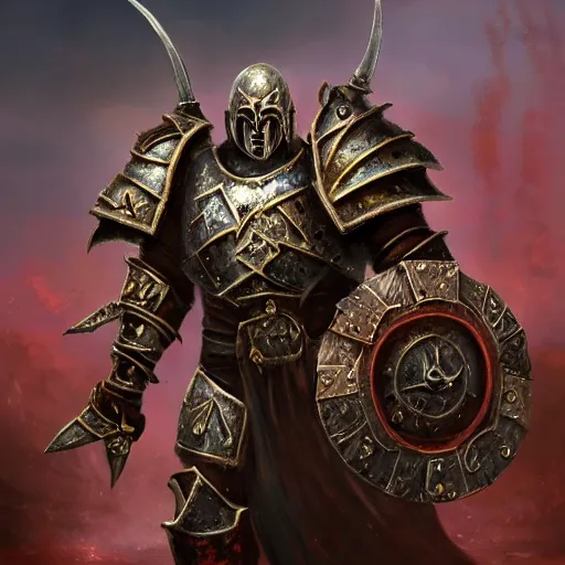 Image similar to a chaos warrior in heavy armor from warhammer, artstation hall of fame gallery, editors choice, # 1 digital painting of all time, most beautiful image ever created, emotionally evocative, greatest art ever made, lifetime achievement magnum opus masterpiece, the most amazing breathtaking image with the deepest message ever painted, a thing of beauty beyond imagination or words