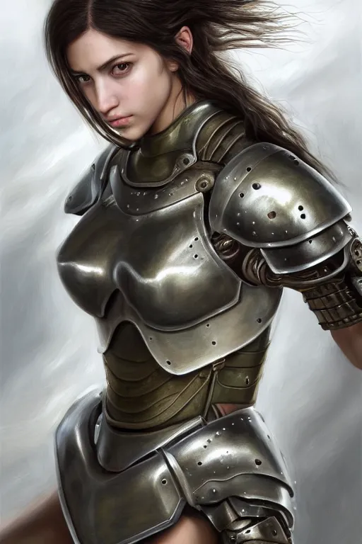 Image similar to a photorealistic painted portrait of an attractive young girl, partially clothed in dull metal-plated battle armor, olive skin, long dark hair, flawless skin, beautiful bone structure, symmetric facial features, perfect photorealistic eyes, natural physique, intricate, elegant, digital painting, concept art, finely detailed, beautifully illustrated, sharp focus, minimal artifacts, from Metal Gear, by Ruan Jia and Mandy Jurgens and Artgerm, in the style of Greg Rutkowski, trending on Artstation, award winning art