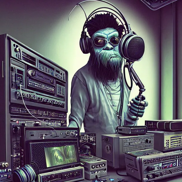 Image similar to a portrait of an anthropomorphic cyberpunk yeti podcasting while working in his secret electronics lab, detailed render, tape deck, hanging microphone, boombox, headphones, epic composition, cybernetics, 4 k realistic, cryengine, realistic shaded lighting, sharp focus, masterpiece, by matteo scalera, gary montalbano, peter elson in the style of the tokyo ghost comic