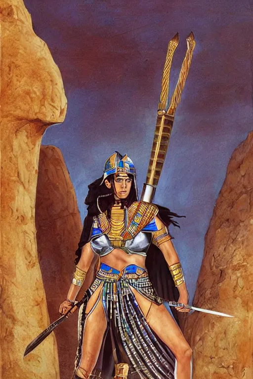Prompt: beautiful Egyptian warrior woman wearing ceremonial garment and khopesh sword | in the desert | powerful scene | Terese Nielsen |