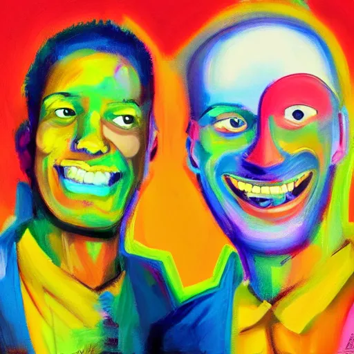 Prompt: landscape, portrait beautiful painting, two men with scarred faces smiling happily while high - fived. fine art, bright colors, trending on artstation, smooth draw, sharp focus, digital art.