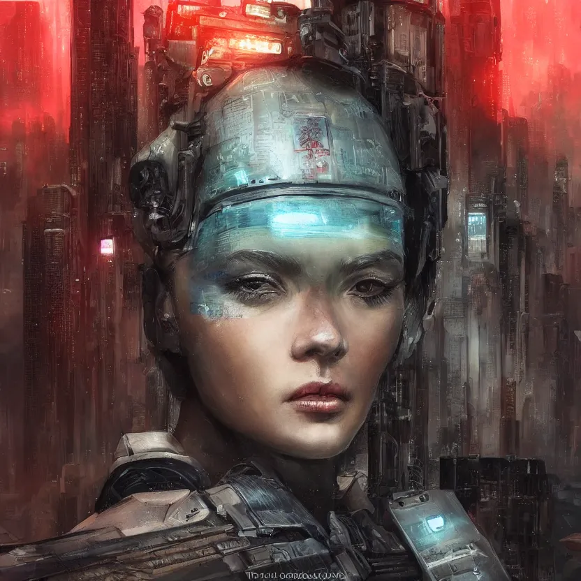 Prompt: closeup portrait of a beautiful guard dystopian cyberpunk trending on art station
