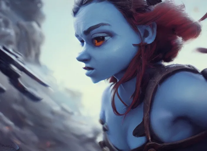 Prompt: close up cinematic artwork of smurfette staring down the enemy on the battlefield by Greg Rutkowski, 4k, masterpiece