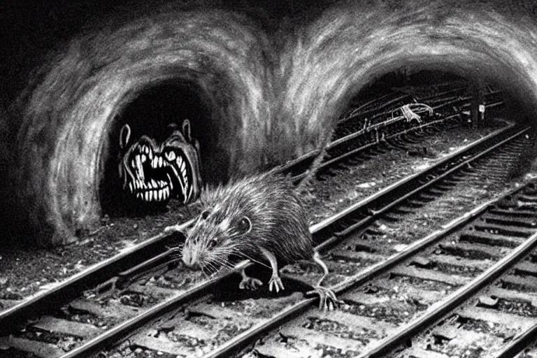 Image similar to very large giant mutant zombie irradiated ( angry rat ) staying on railways in tonnel of moscow subway. tonnel, railways, giant angry rat, furr, fangs, claws, very realistic. fog, extreme long shot, herman nitsch, giger.