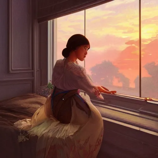 Image similar to Filipino woman with a short hair looking out the window to a beautiful sunset, intricate, highly detailed, digital painting, artstation, concept art, smooth, sharp focus, illustration, Unreal Engine 5, 8K, art by artgerm and greg rutkowski and alphonse mucha