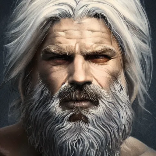 Image similar to painted portrait of rugged zeus, greek god, 4 0 years old, handsome, white hair, soft hair, upper body, muscular, hairy torso, fantasy, intricate, elegant, highly detailed, digital painting, artstation, concept art, smooth, sharp focus, illustration, art by greg rutkowski