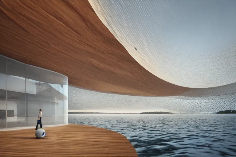 Image similar to a building formed by the intersection and combination of egg shaped spherical spaces of different sizes, on the calm lake, people's perspective, future, interior wood, marble, award winning, highly detailed 4 k art, dusk, unreal engine highly rendered, global illumination, radial light, internal environment by kazuyo sejima