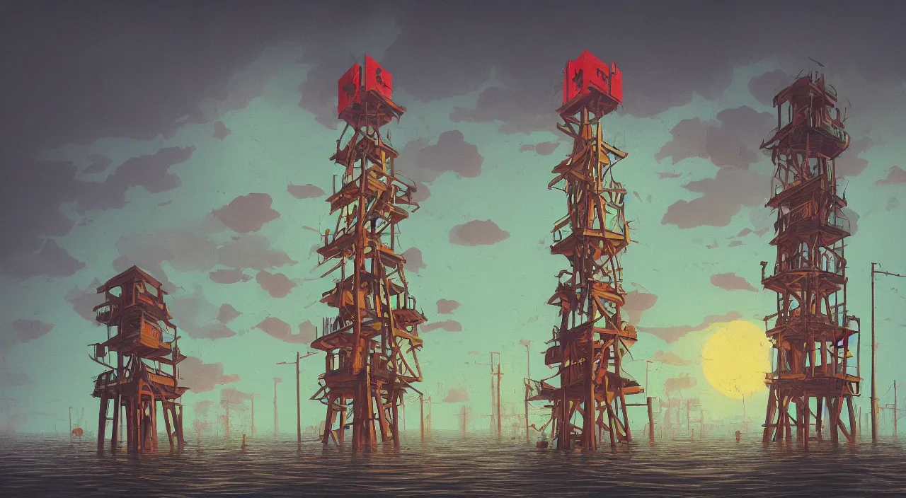 Prompt: single flooded simple wooden tower, very coherent and colorful high contrast ultradetailed photorealistic masterpiece by simon stalenhag, dark shadows, sunny day, hard lighting