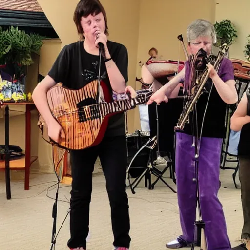 Prompt: nervous gender band play at old folks home