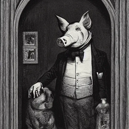 Image similar to a pig in a tuxedo, creepy atmosphere, dark, portrait, realistic, very realistic, illustration by Gustave Doré