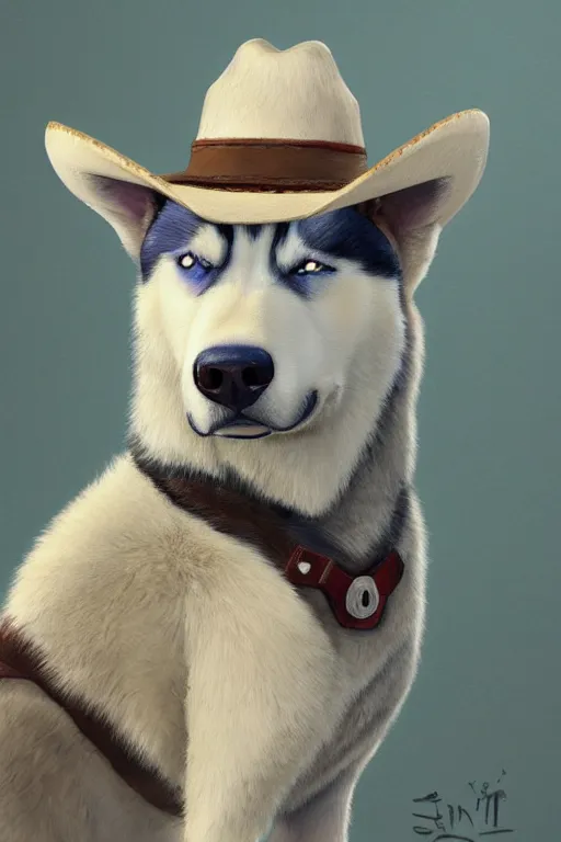 Image similar to a portrait painting of a husky in cowboy costume, wearing a cowboy hat, by studio ghibli, in the style of anime, [ western film ], humanoid, personify, anthropomorphic, trending on artstation