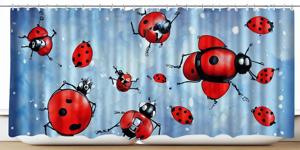 Image similar to shower curtain product catalog. wide - angle photo. on the curtain is a low - angle hero - shot watercolor of a ladybug robot. the robot has an epic fight with darth vader ( obi - wan kenobi ). the water color has ink under drawing. highly coherent, product photography of a shower curtain, product lighting. 4 k, highly detailed. saturated.