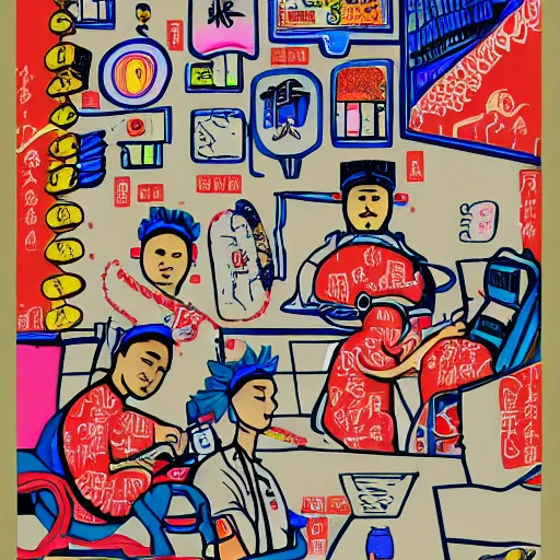 Image similar to chinese surgery operating table, in the style of daniel johnston and outsider art, 8k, line brush, overlaid with chinese adverts