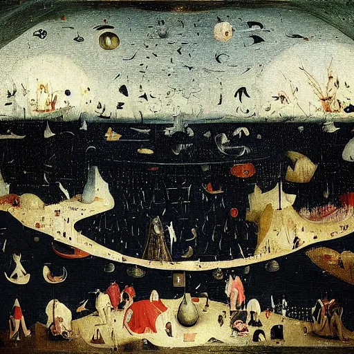 Prompt: The performance art shows a group of flying islands, each with its own unique landscape, floating in the night sky. The islands are connected by a network of bridges, and a small group of people can be seen walking along one of the bridges. Mediterranean by Hieronymous Bosch straight